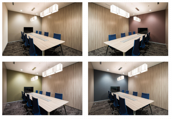 小さめの会議室はそれぞれ壁の色を変え、「ブルーの部屋に行こう」「レッドの部屋で打ち合わせよう」という会話もできるように（※）