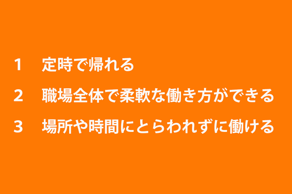 1提示で帰れる2職場全体で柔軟な働き方ができる3場所や時間にとらわれずに働ける