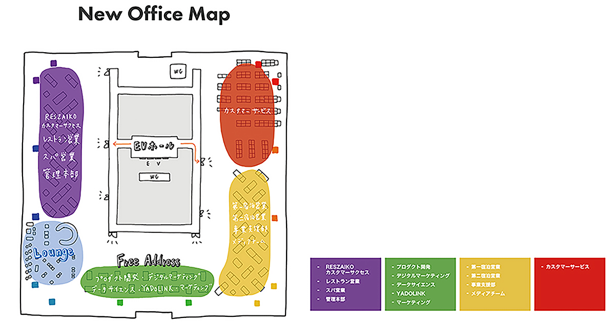 イラストが得意なデザイナーが描いたオフィスの全体図。