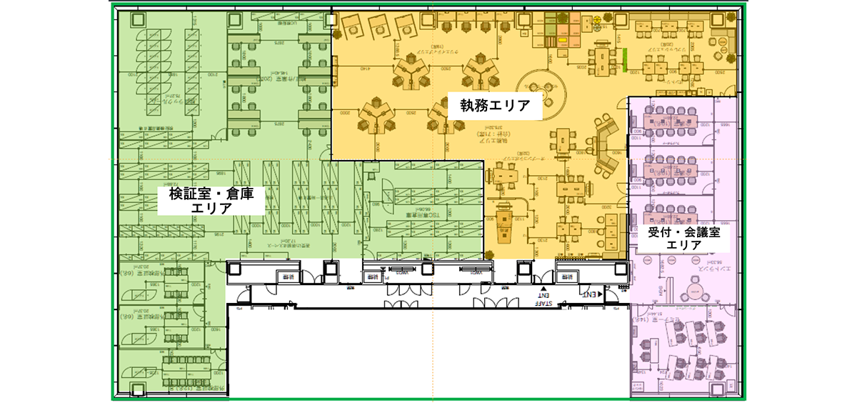 フロアは３エリアに分かれる。今回は入らなかったが、検証室・倉庫エリアが大きく占めるレイアウトが特徴的（※）