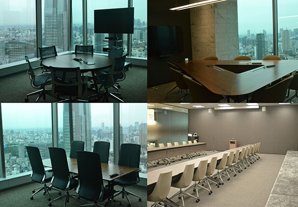 多種多様な応接・会議室。テーブル・椅子も全室異なるという凝りよう。スイッチひとつで透明なガラスが曇りガラスになる「瞬間調光ガラス」の部屋も。