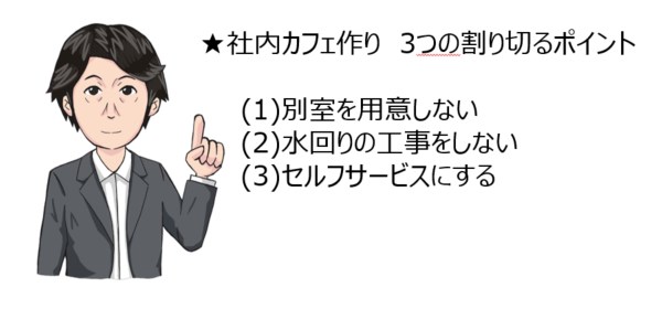 ★社内カフェ作り3つの割り切るポイント(1)別室を用意しない(2)水回りの工事をしない(3)セルフサービスにする